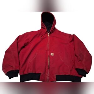 Y2K Carhartt Quilted Hooded Workwear Union Made Red Size 2XL Distressed Flaws